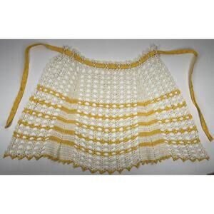 Vintage Crochet Half Apron Yellow Ivory Chevron Stripe Tie Back Halter Top